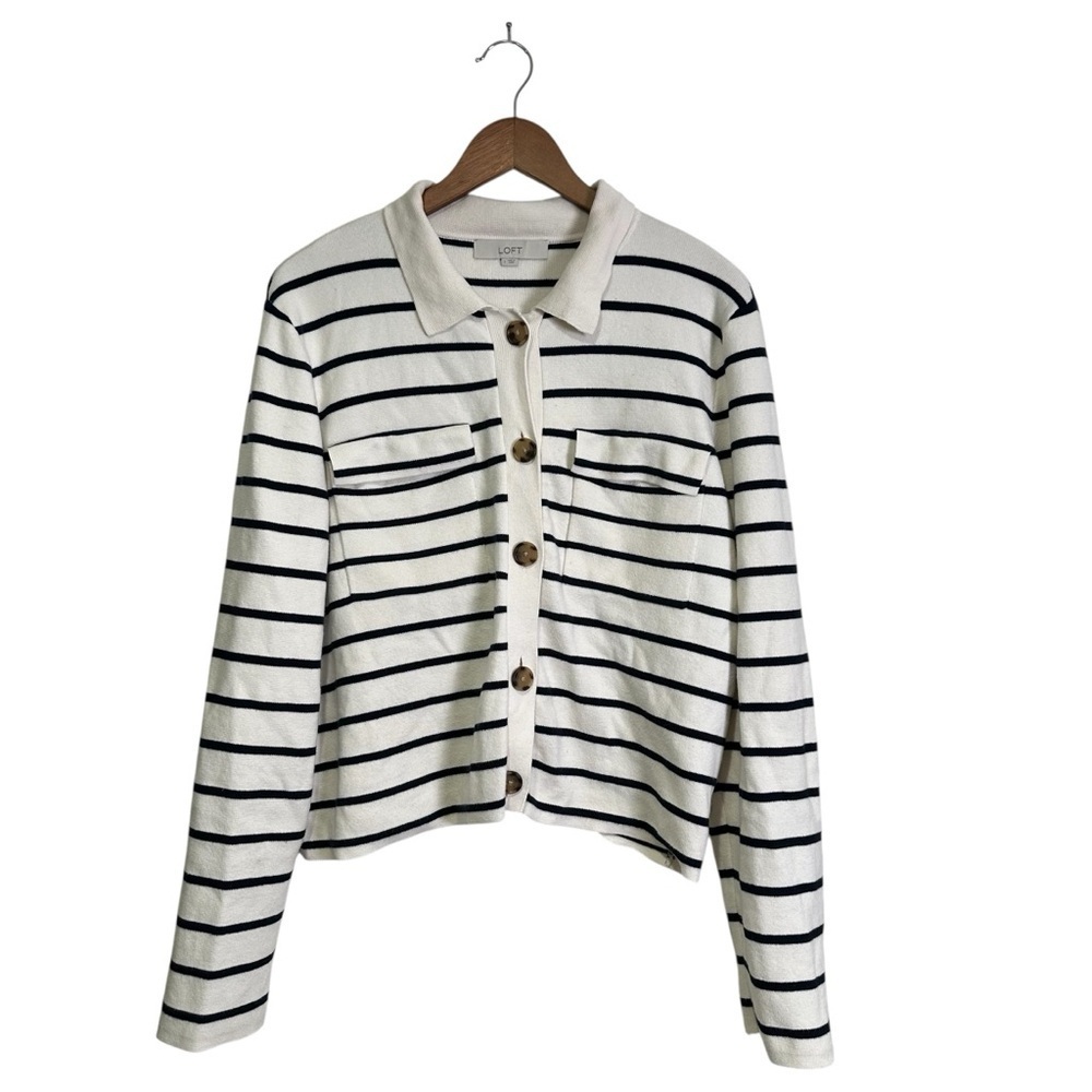 Loft Women’s L Off-White & Navy Striped Collared Knit Cardigan